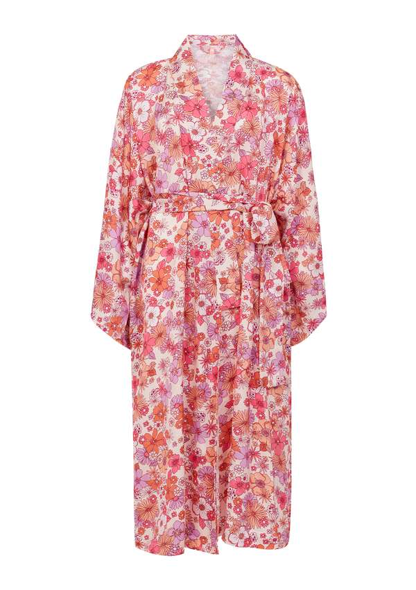 Una Pink Floral Print Kimono Dressing Gown