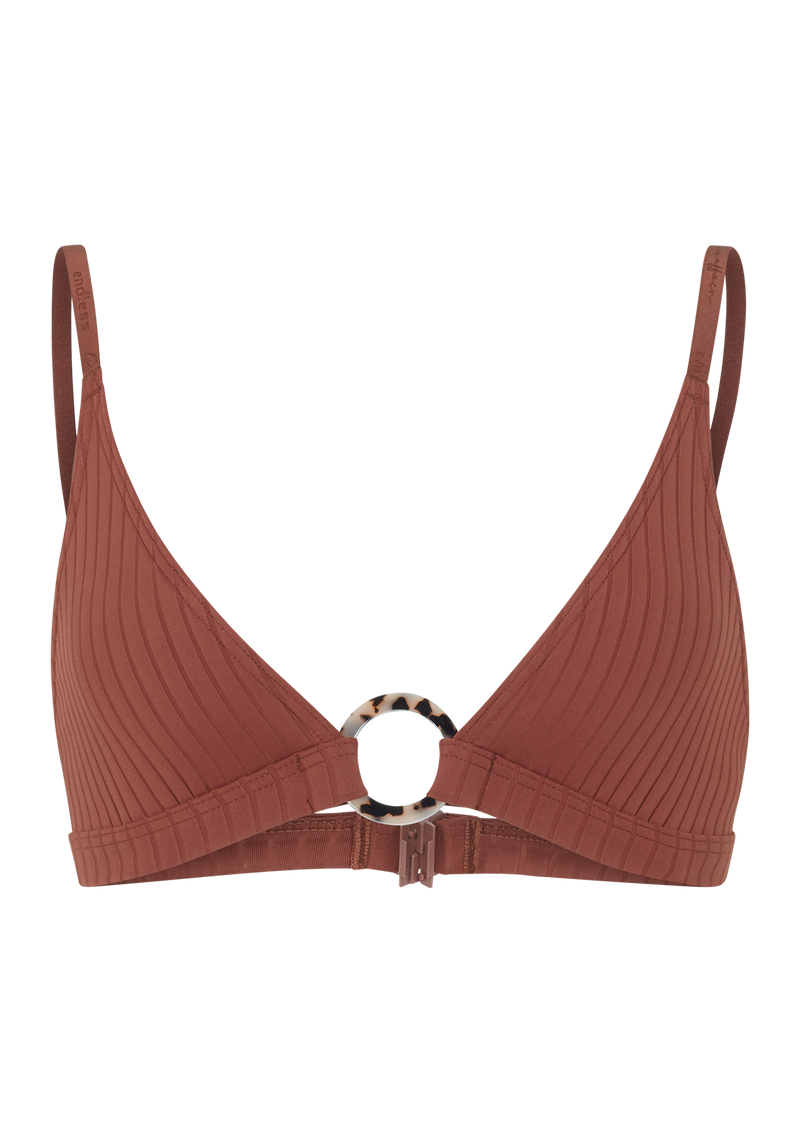 Iris Dark Brown Ribbed Bikini Top With Ring