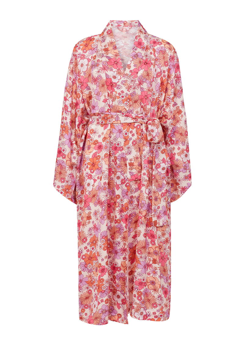 Una Pink Floral Print Kimono Dressing Gown