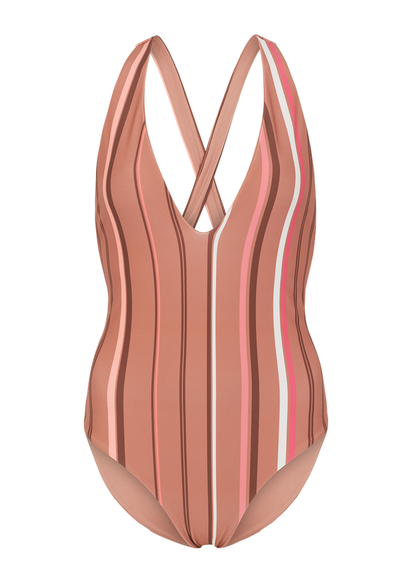 Frankie Pink And Brown Striped Plunge Swimsuit